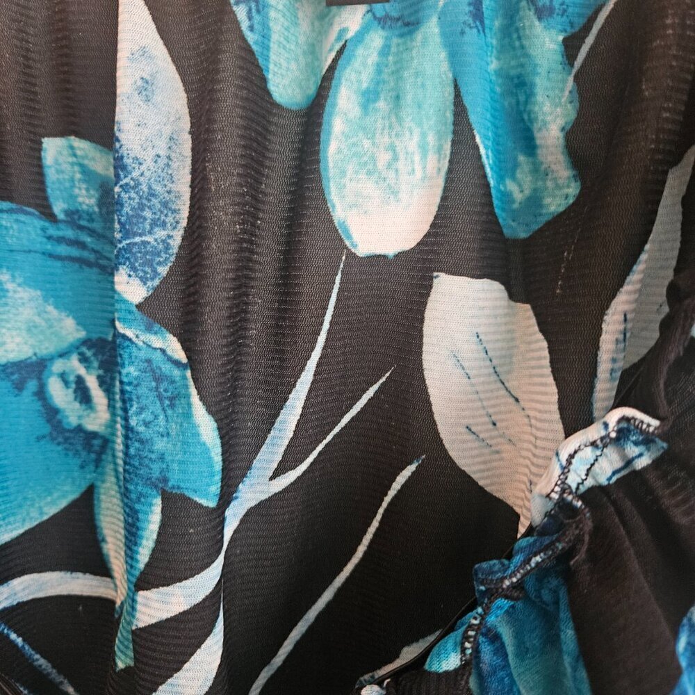 Boho black Blue floral Whimsygoth Tropic gawzy tropical Vacay balloon sleeves M - Picture 4 of 6